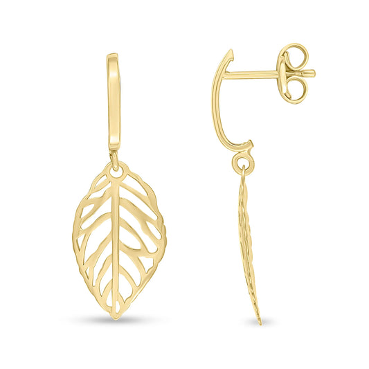 9ct Yellow Gold Curved Bar & Openwork Leaf Drop Earrings 27mm