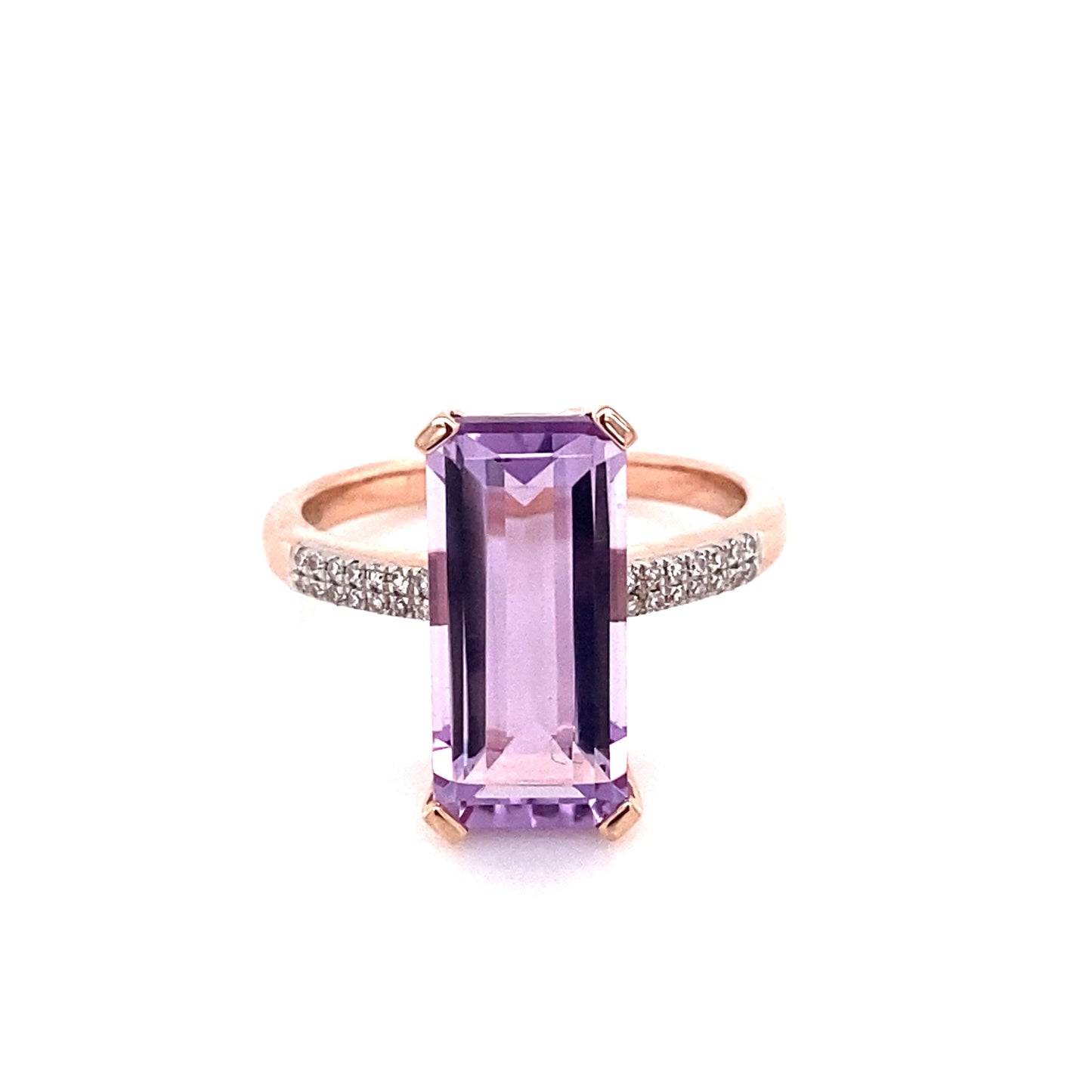 9ct Rose Gold Purple Amethyst Emerald Cut Diamond Ring