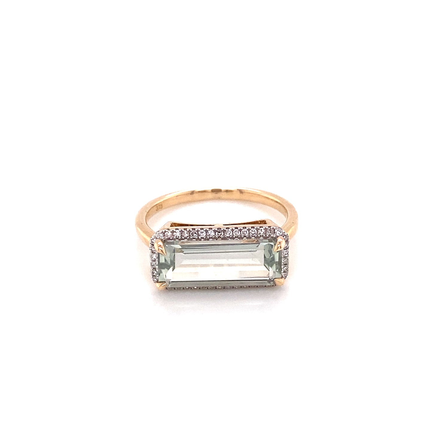 18ct Yellow Gold Horizontal Green Amethyst Emerald Cut, Diamond Halo Ring