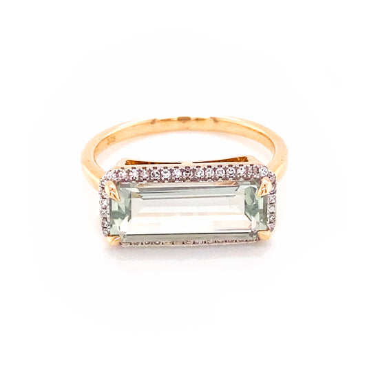 18ct Yellow Gold Horizontal Green Amethyst Emerald Cut, Diamond Halo Ring