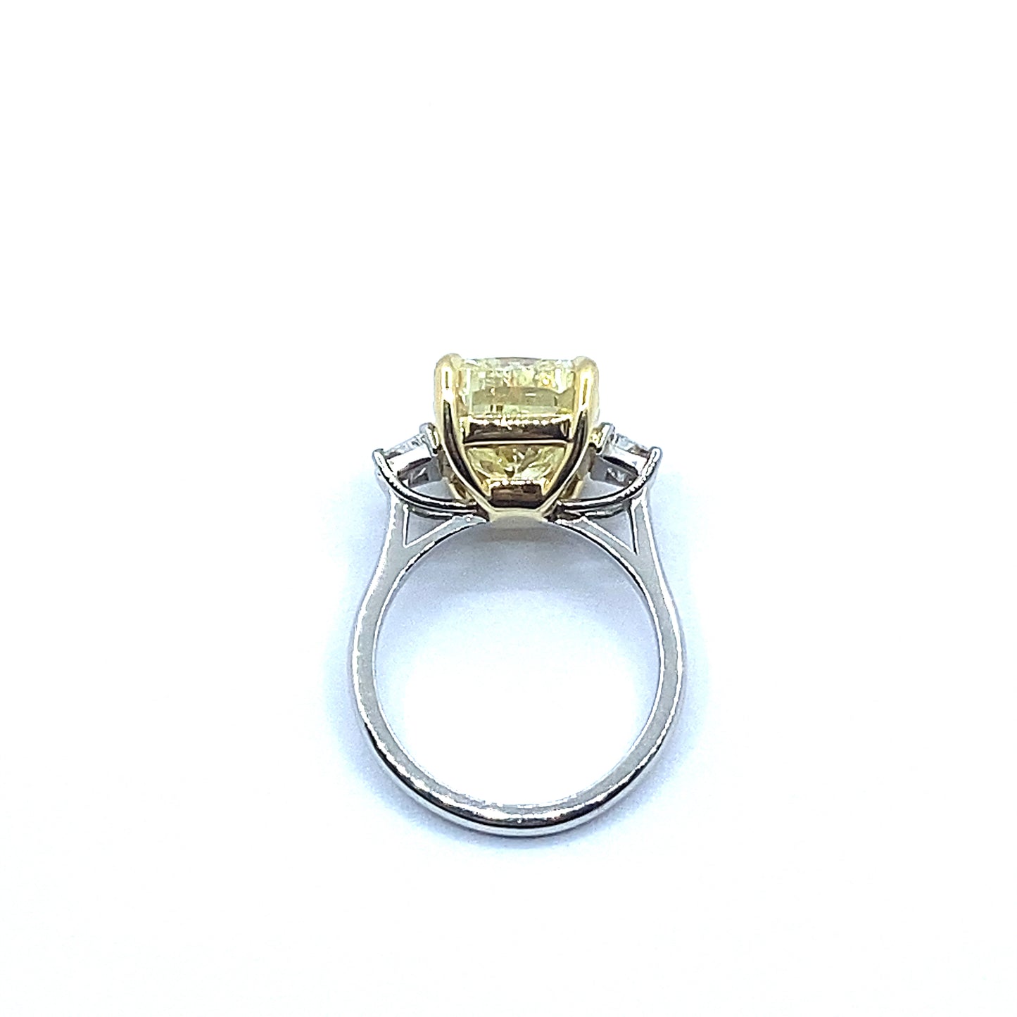 7.54ct Yellow Cushion Cut Diamond with Trapeze Cut Diamond Side Stone Ring