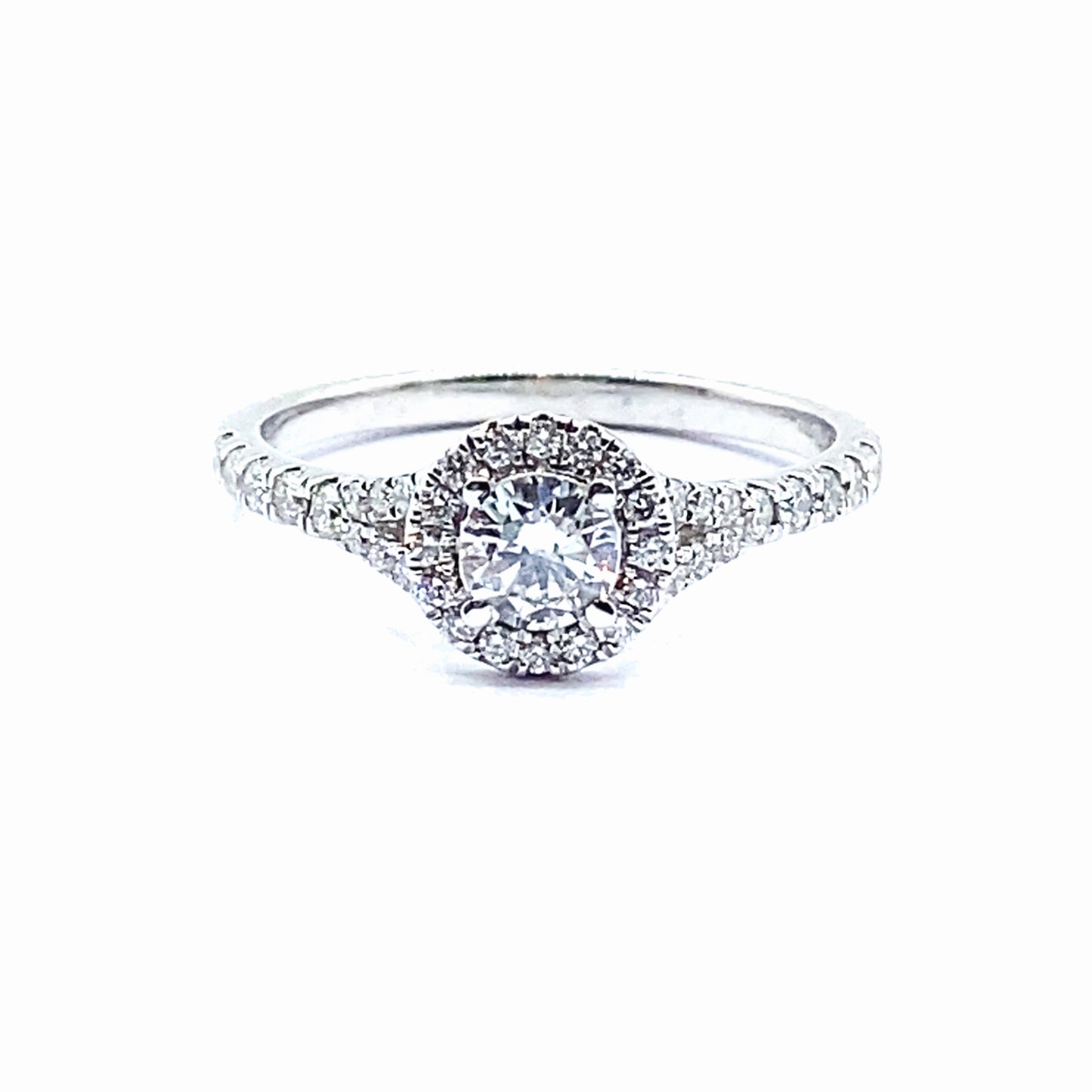 Round Brilliant Halo Ring with Diamond Set Split Shoulders in 18ct White Gold