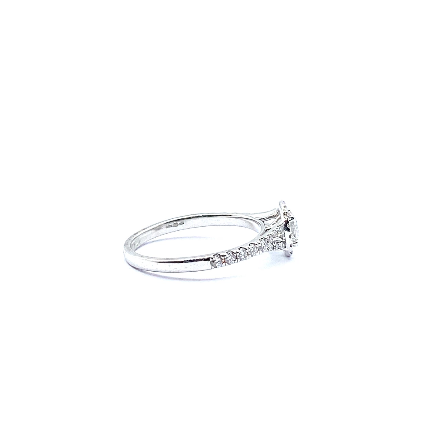 Round Brilliant Halo Ring with Diamond Set Split Shoulders in 18ct White Gold