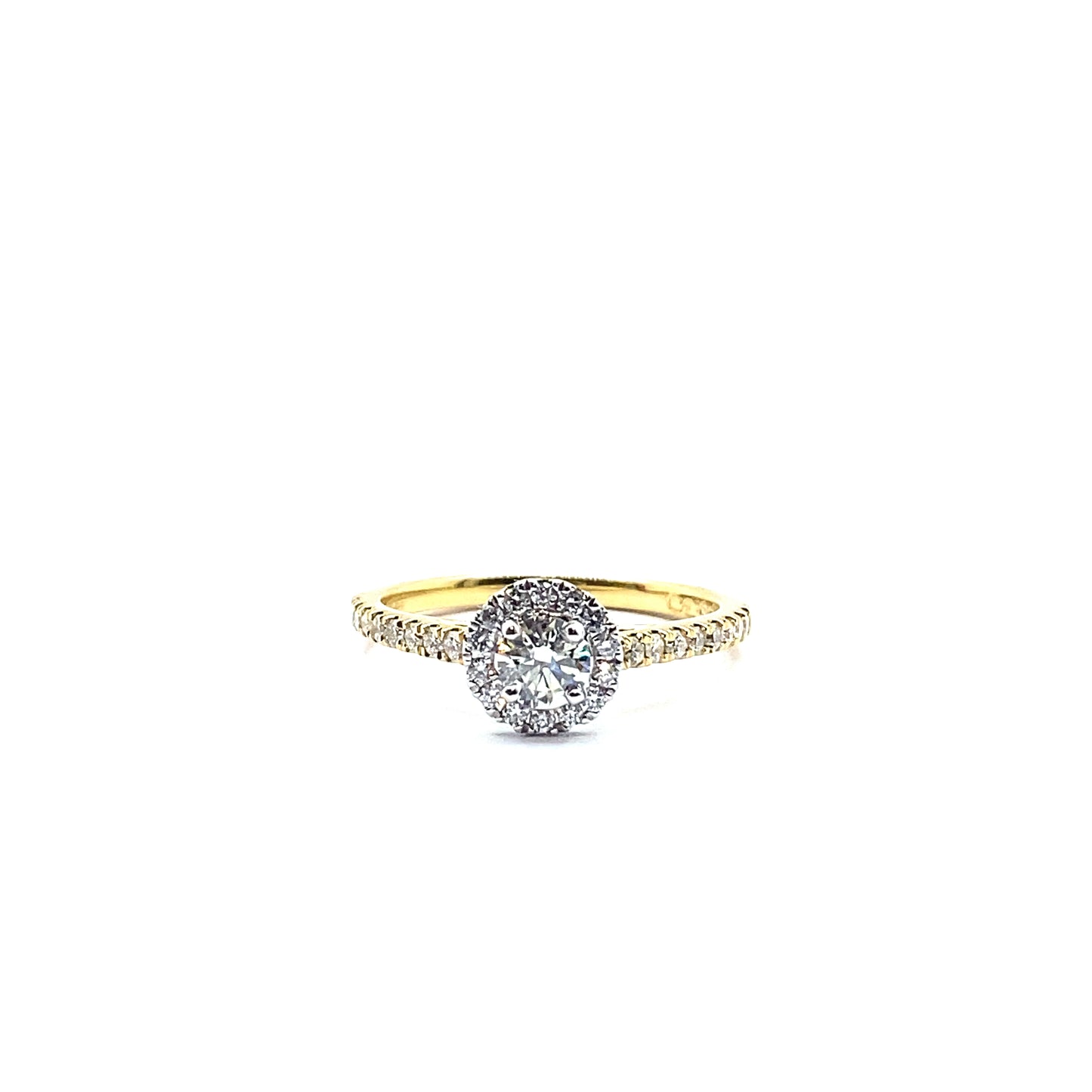 Round Brilliant Diamond Halo Ring with 18ct White Gold Halo and Yellow Gold Diamond Set Band