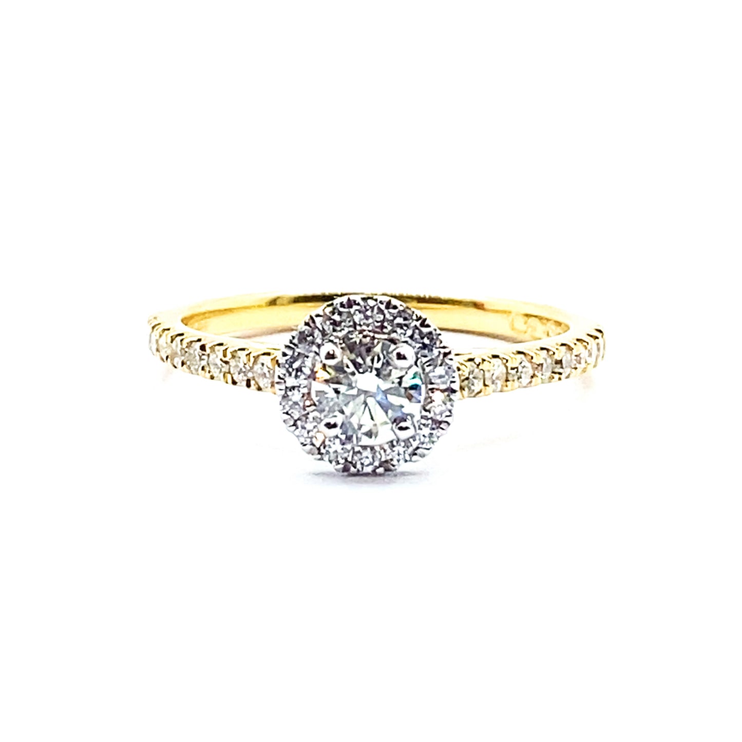 Round Brilliant Diamond Halo Ring with 18ct White Gold Halo and Yellow Gold Diamond Set Band