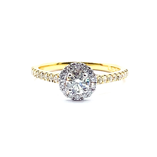 Round Brilliant Diamond Halo Ring with 18ct White Gold Halo and Yellow Gold Diamond Set Band