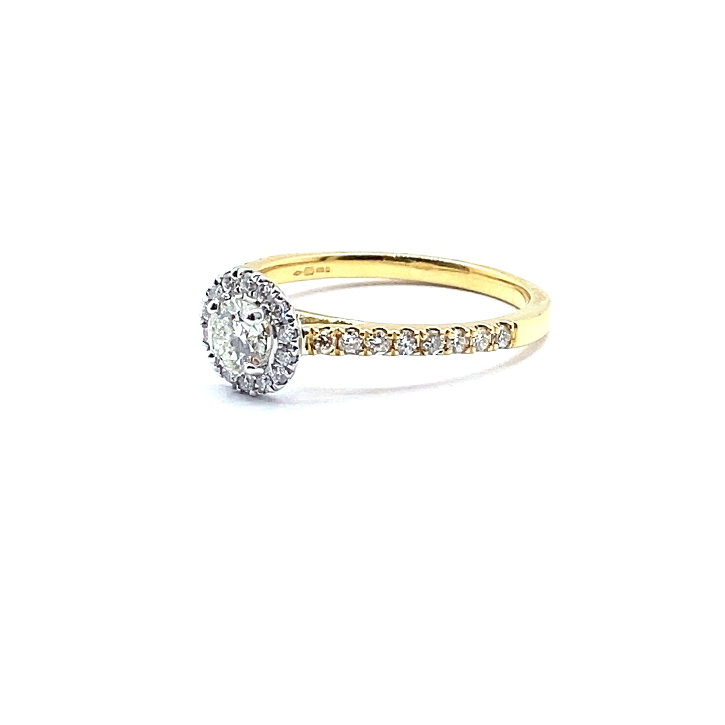 Round Brilliant Diamond Halo Ring with 18ct White Gold Halo and Yellow Gold Diamond Set Band