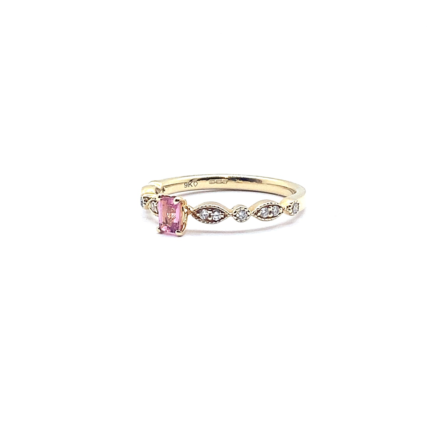 Pink Tourmaline Ring with Decorative Diamond Band in 9ct Yellow Gold