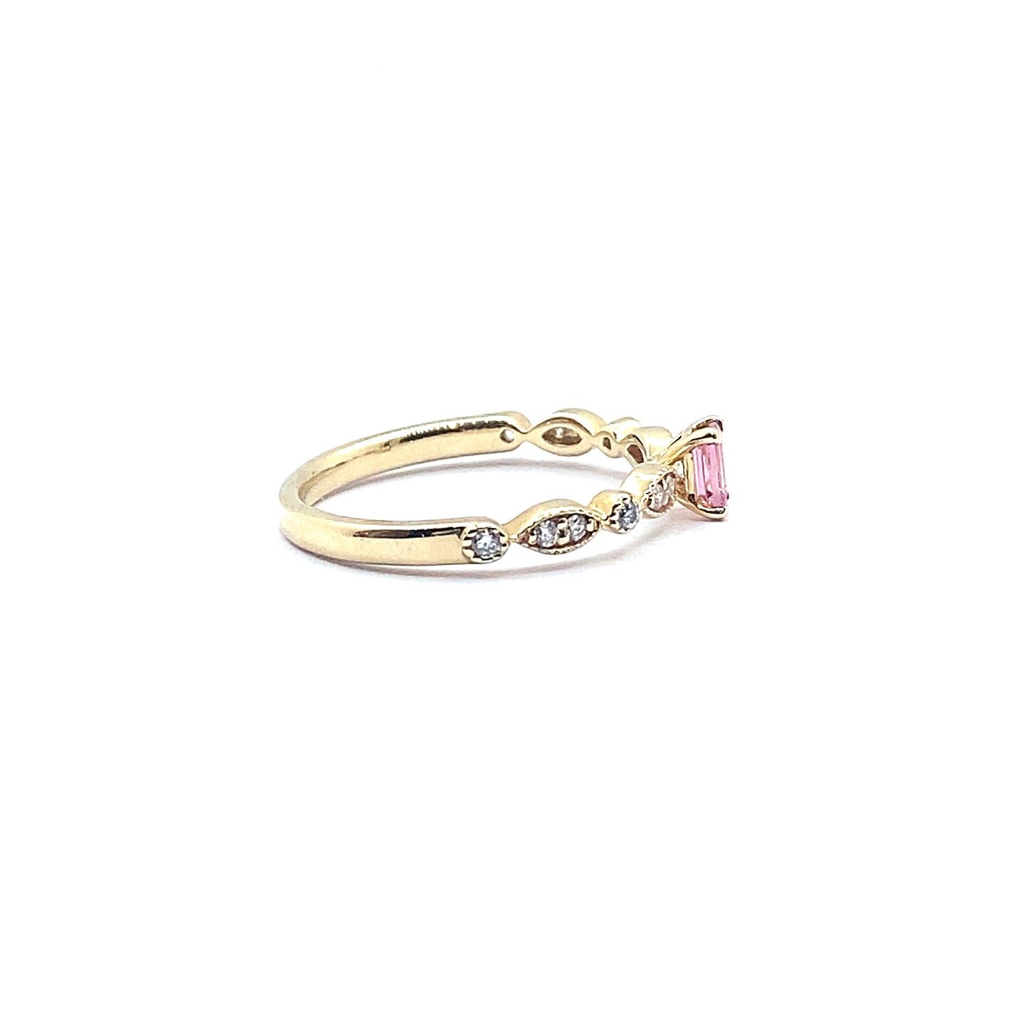 Pink Tourmaline Ring with Decorative Diamond Band in 9ct Yellow Gold