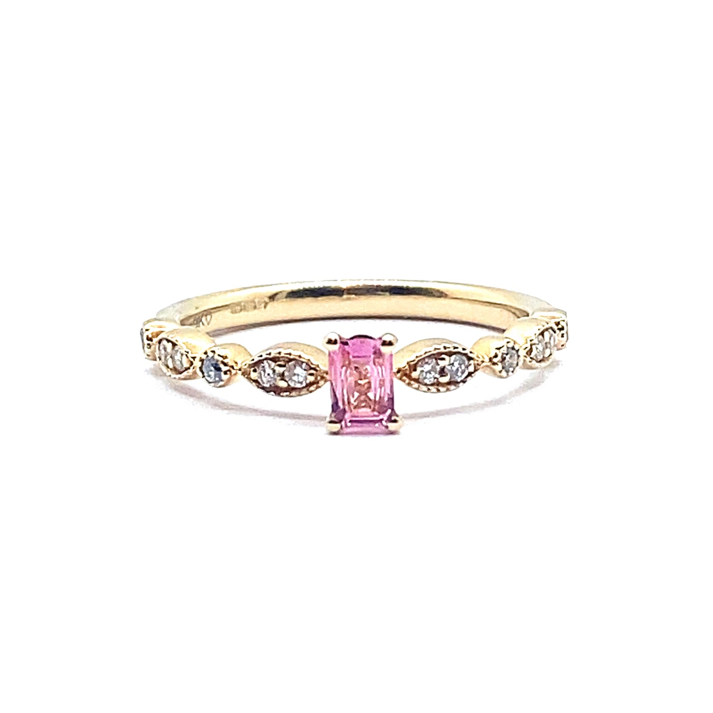 Pink Tourmaline Ring with Decorative Diamond Band in 9ct Yellow Gold