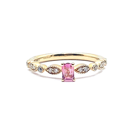 Pink Tourmaline Ring with Decorative Diamond Band in 9ct Yellow Gold