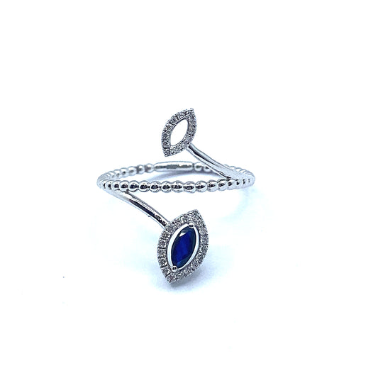 18ct White Gold, Marquise Cut Sapphire and Diamond Ornate Ring