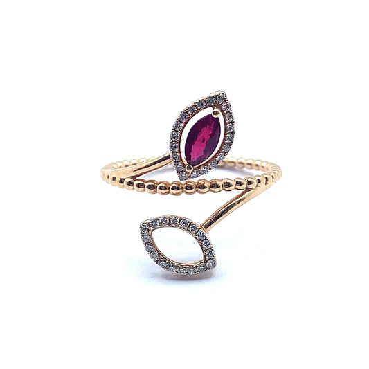 18ct Gold Marquise Cut Ruby and Diamond Ornate Ring