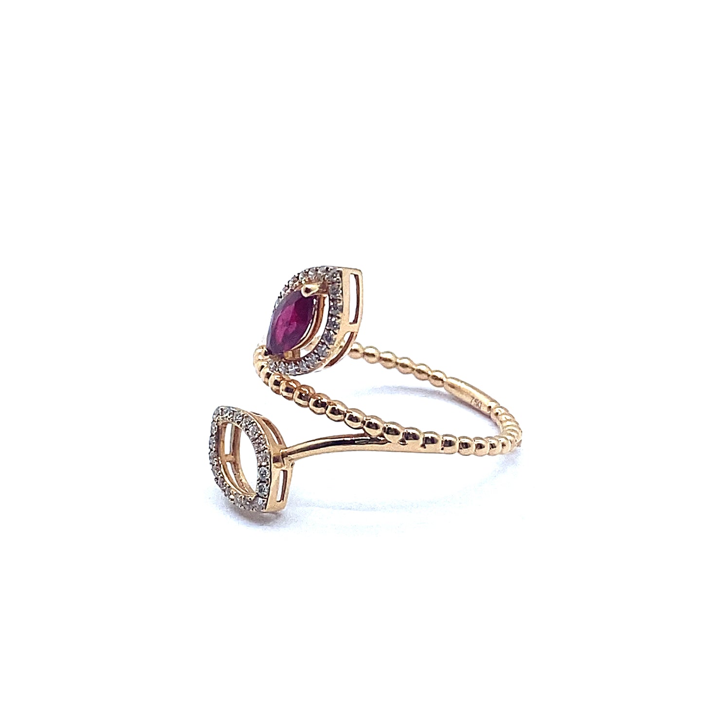 18ct Gold Marquise Cut Ruby and Diamond Ornate Ring