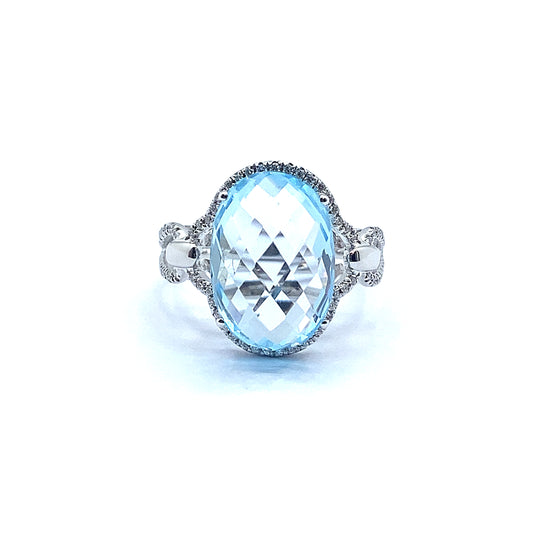 Oval Pineapple Facetted Blue Topaz and Diamond, 18ct White Gold Ring