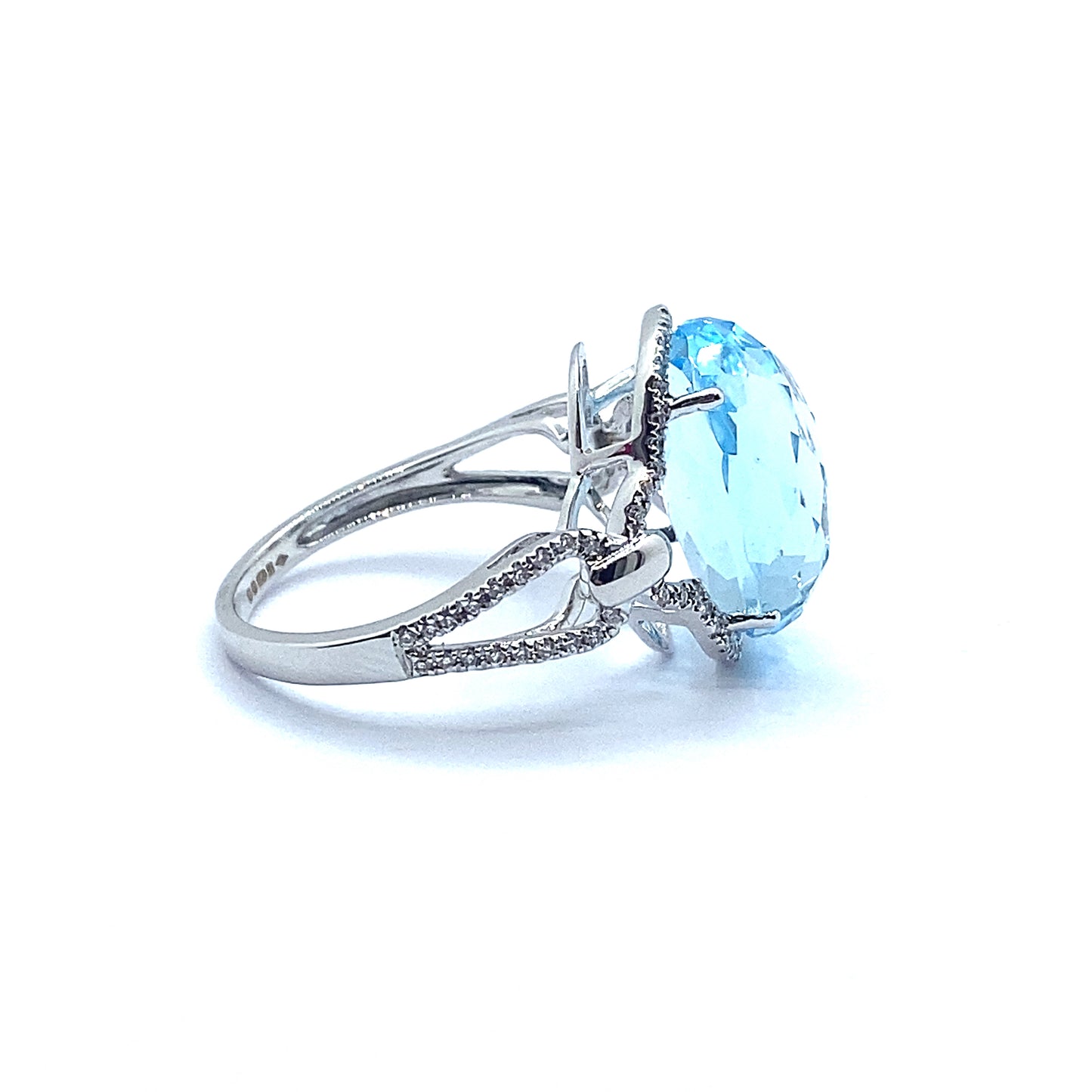 Oval Pineapple Facetted Blue Topaz and Diamond, 18ct White Gold Ring