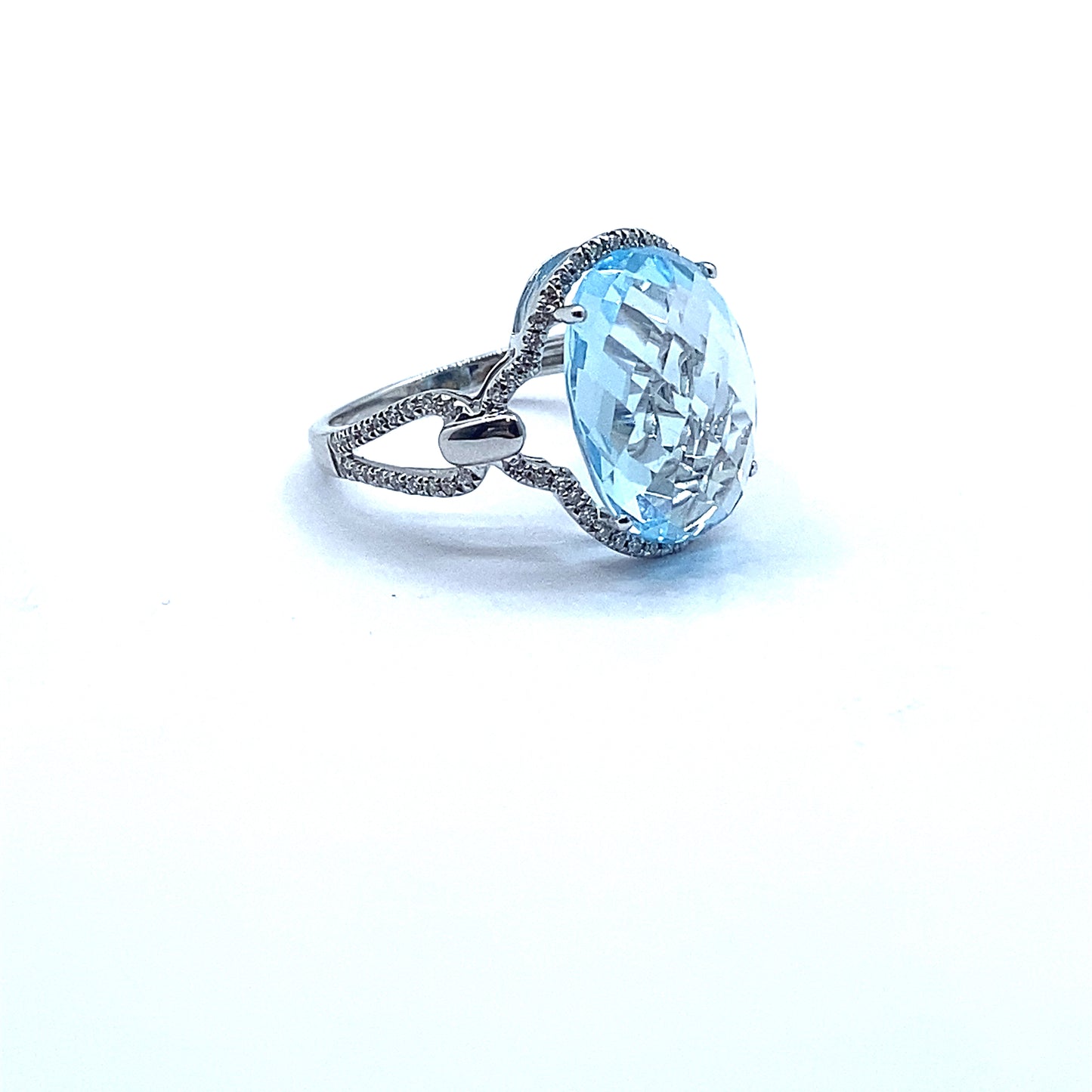 Oval Pineapple Facetted Blue Topaz and Diamond, 18ct White Gold Ring