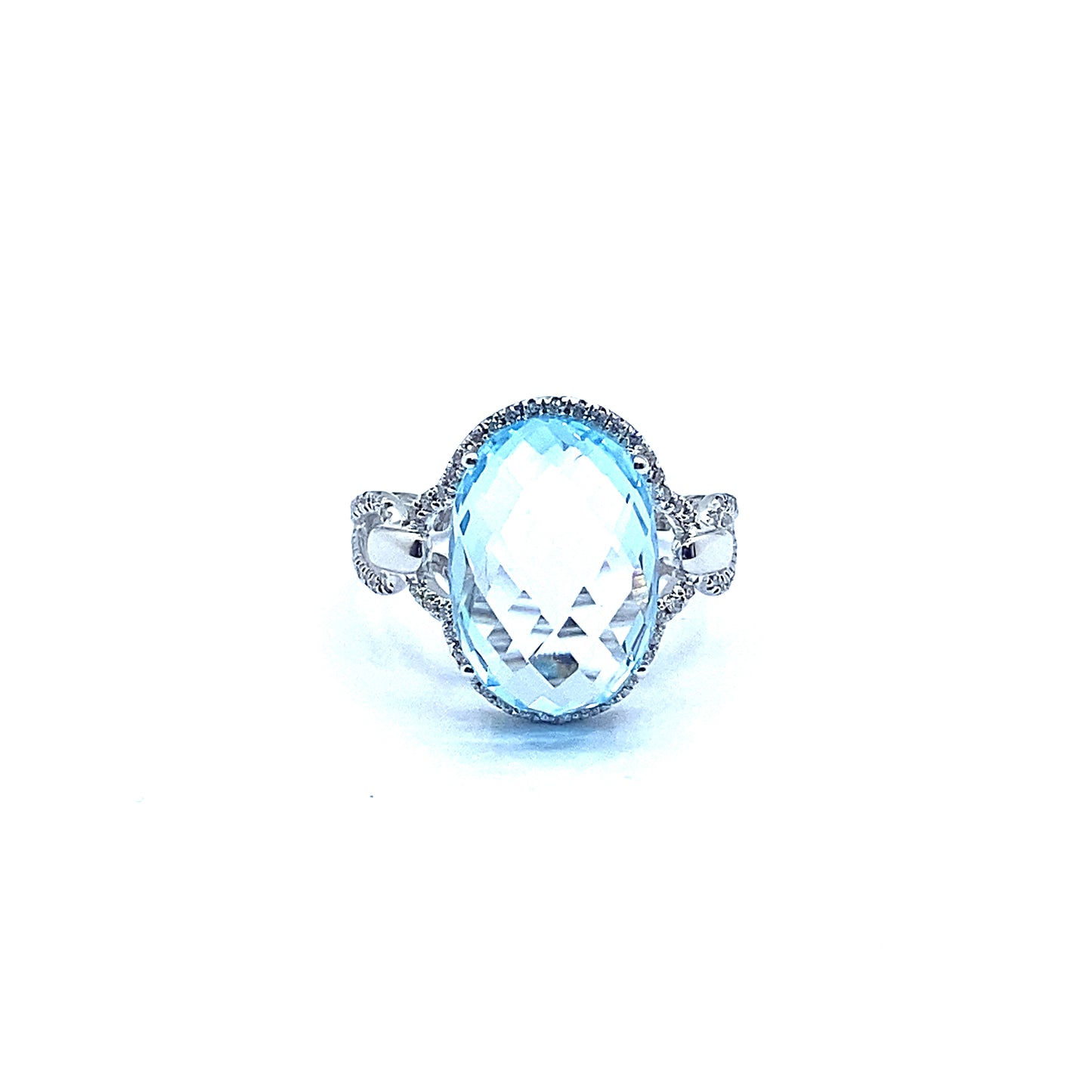 Oval Pineapple Facetted Blue Topaz and Diamond, 18ct White Gold Ring