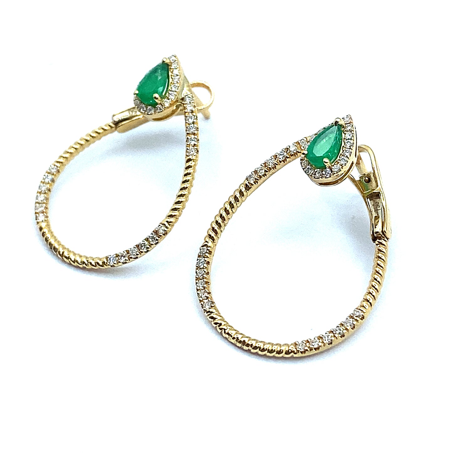 18ct Gold Pear Cut Emerald and Diamond Twisted Hoop Earrings