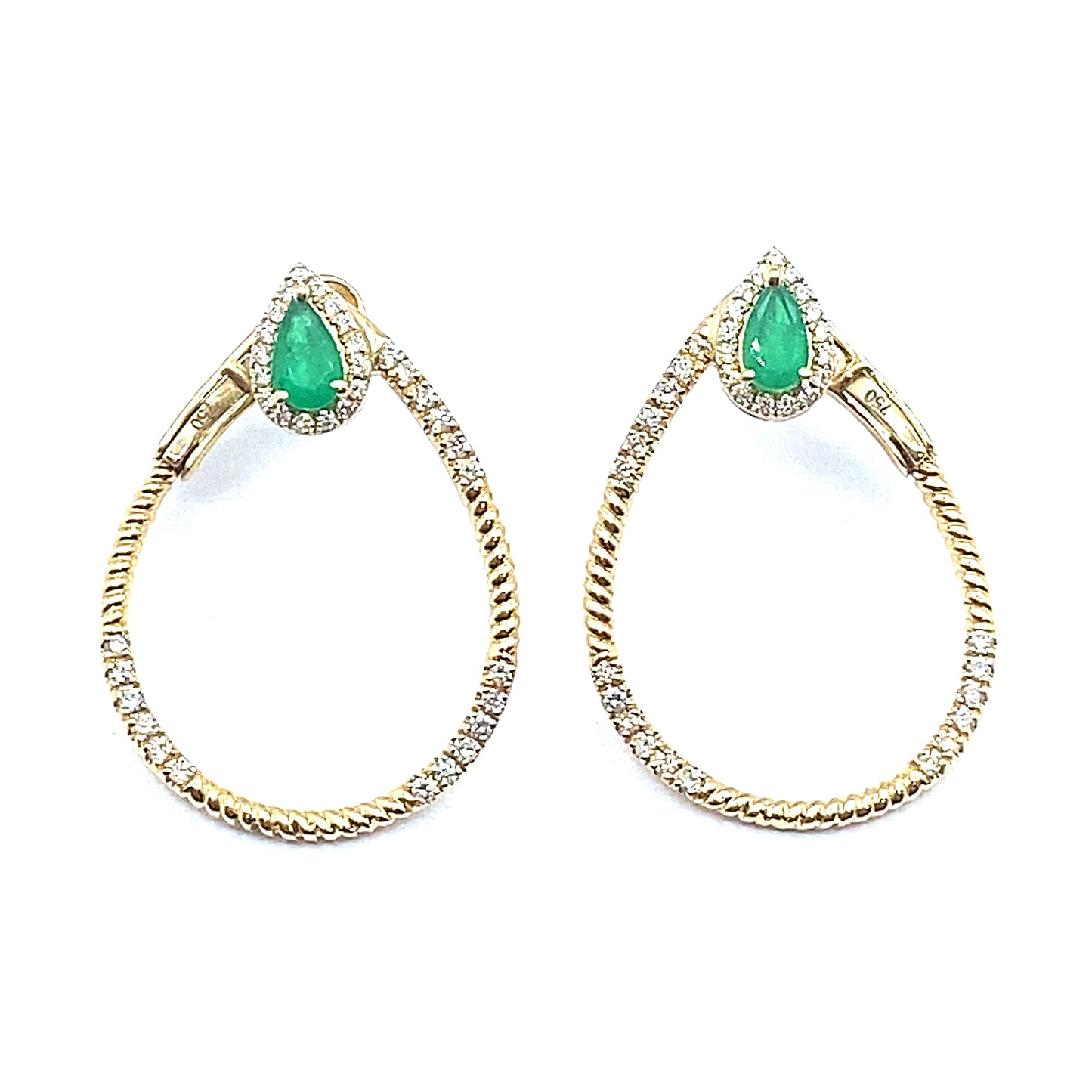 18ct Gold Pear Cut Emerald and Diamond Twisted Hoop Earrings