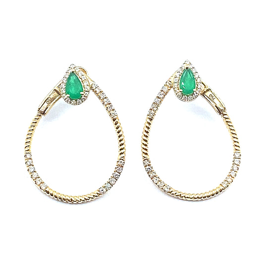 18ct Gold Pear Cut Emerald and Diamond Twisted Hoop Earrings