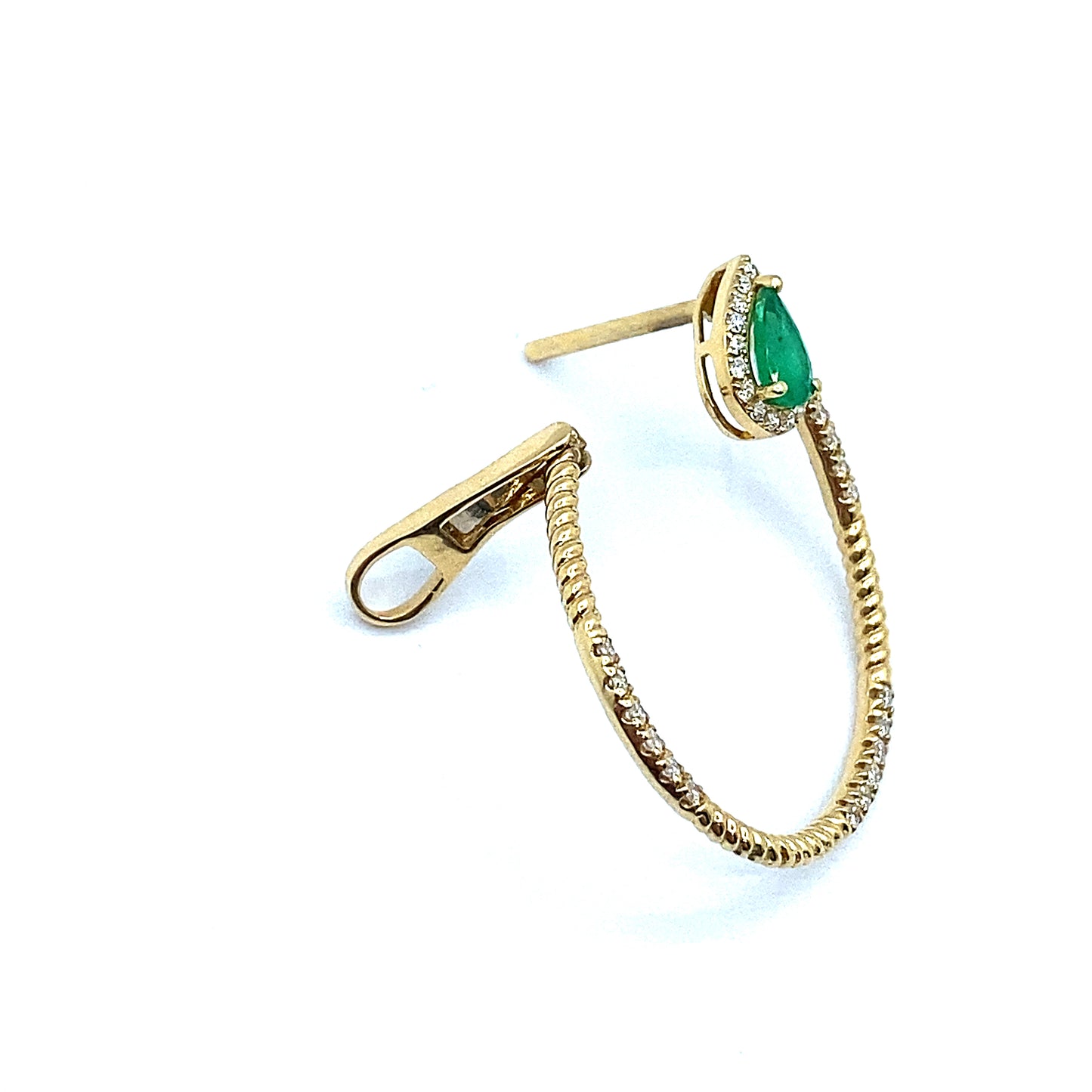 18ct Gold Pear Cut Emerald and Diamond Twisted Hoop Earrings