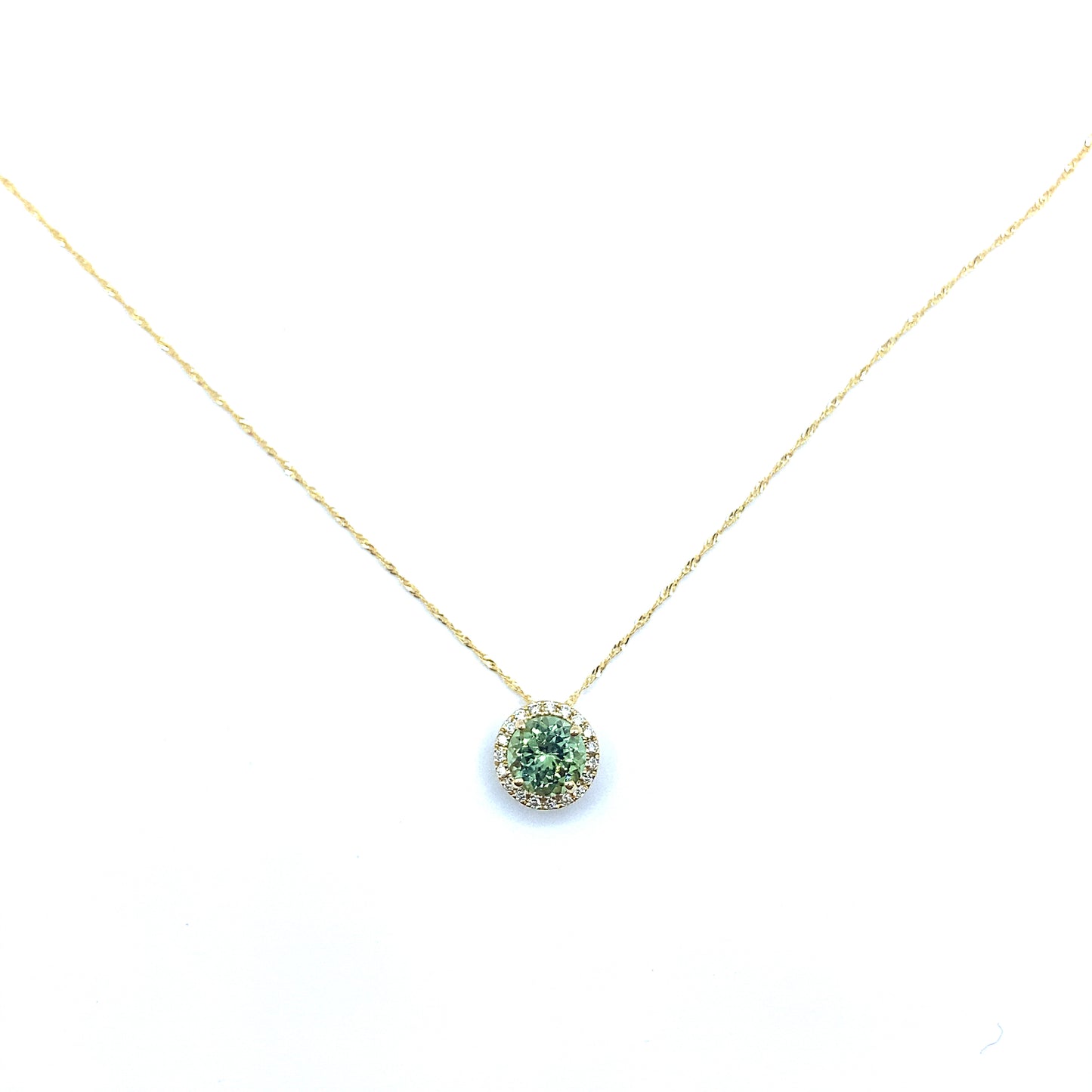 Green Tourmaline, 18ct Gold Round Brilliant Diamond Halo Pendant