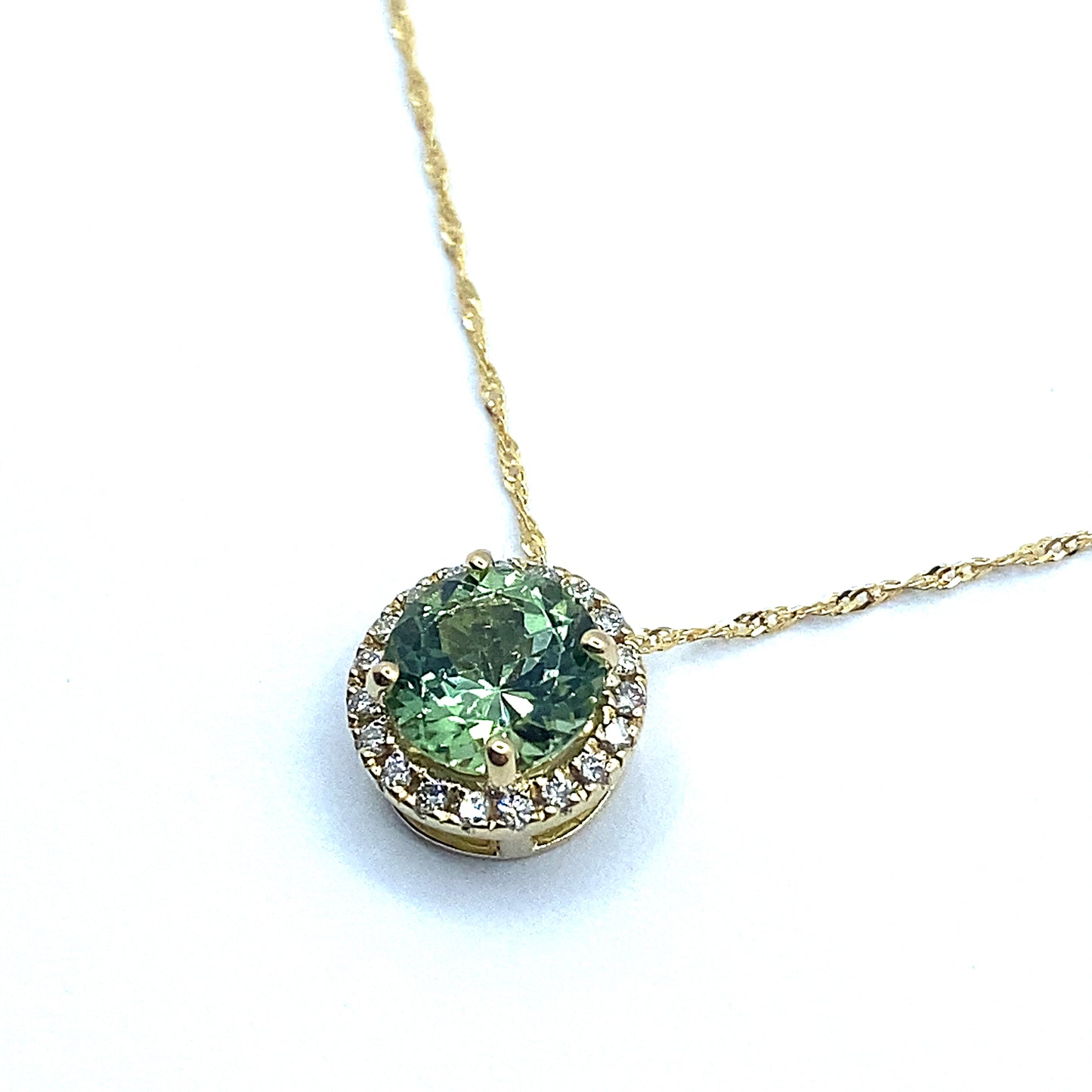 Green Tourmaline, 18ct Gold Round Brilliant Diamond Halo Pendant