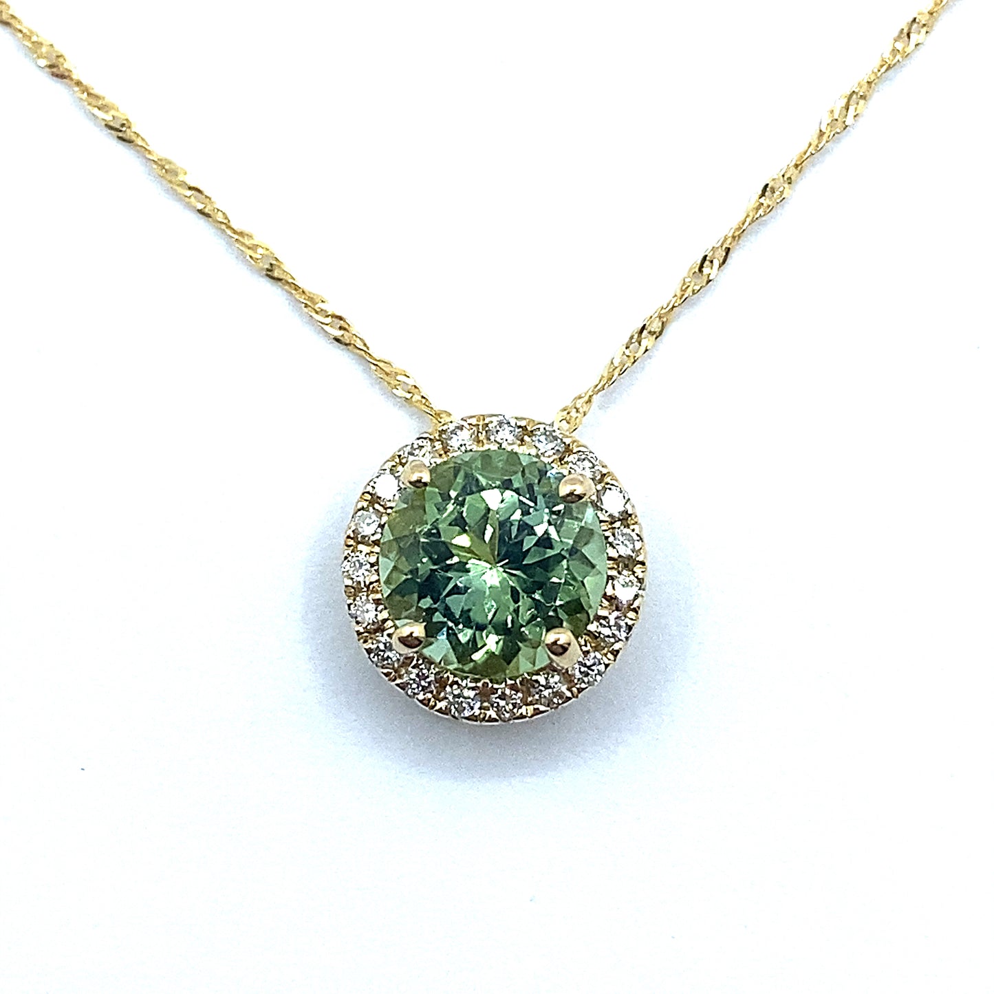 Green Tourmaline, 18ct Gold Round Brilliant Diamond Halo Pendant