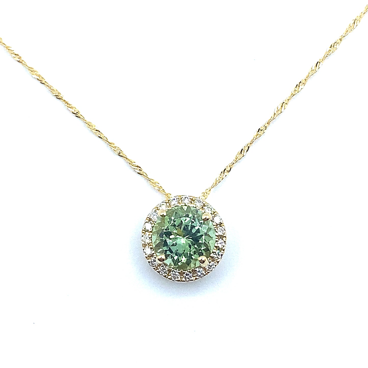 Green Tourmaline, 18ct Gold Round Brilliant Diamond Halo Pendant