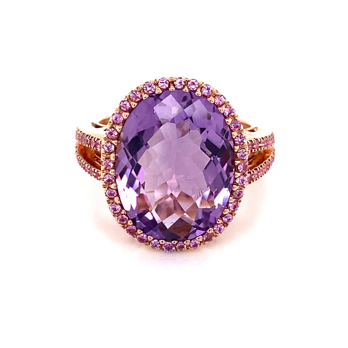 Purple Oval Amethyst and Pink Sapphire Rose Gold Ring