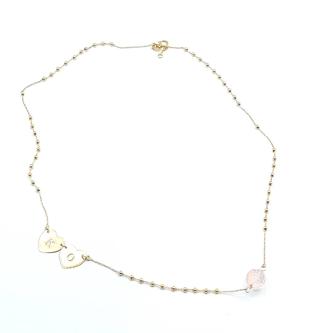 Bespoke 9ct Necklace "K" & "O" Heart Pendants & Rose Quartz Bead Necklace