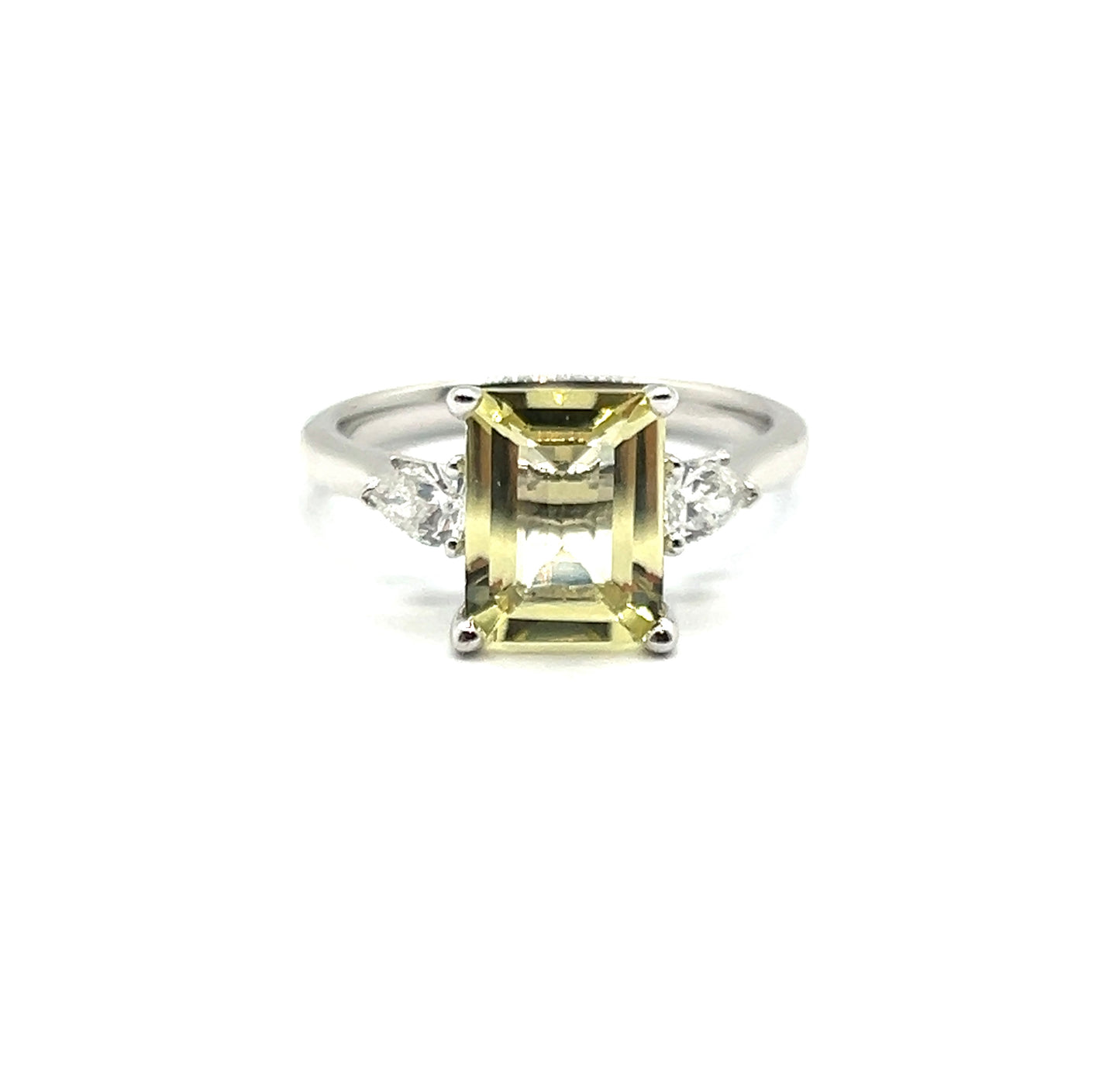 3 Stone Trilliant Sides Emerald Cut Yellow Beryl Centre Claw Set