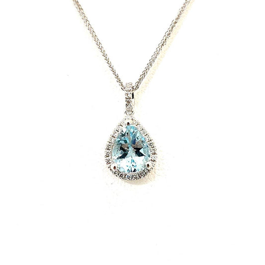 18ct White Gold Pear Shape Aquamarine Pendant, Diamond Halo claw set, Diamond set bail