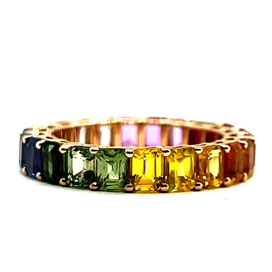 Rainbow Sapphire Diamond and Ruby Emerald Cut Full Eternity Band in 18ct Rose Gold