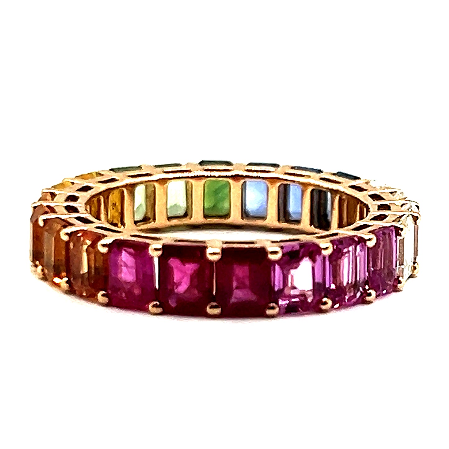 Rainbow Sapphire Diamond and Ruby Emerald Cut Full Eternity Band in 18ct Rose Gold