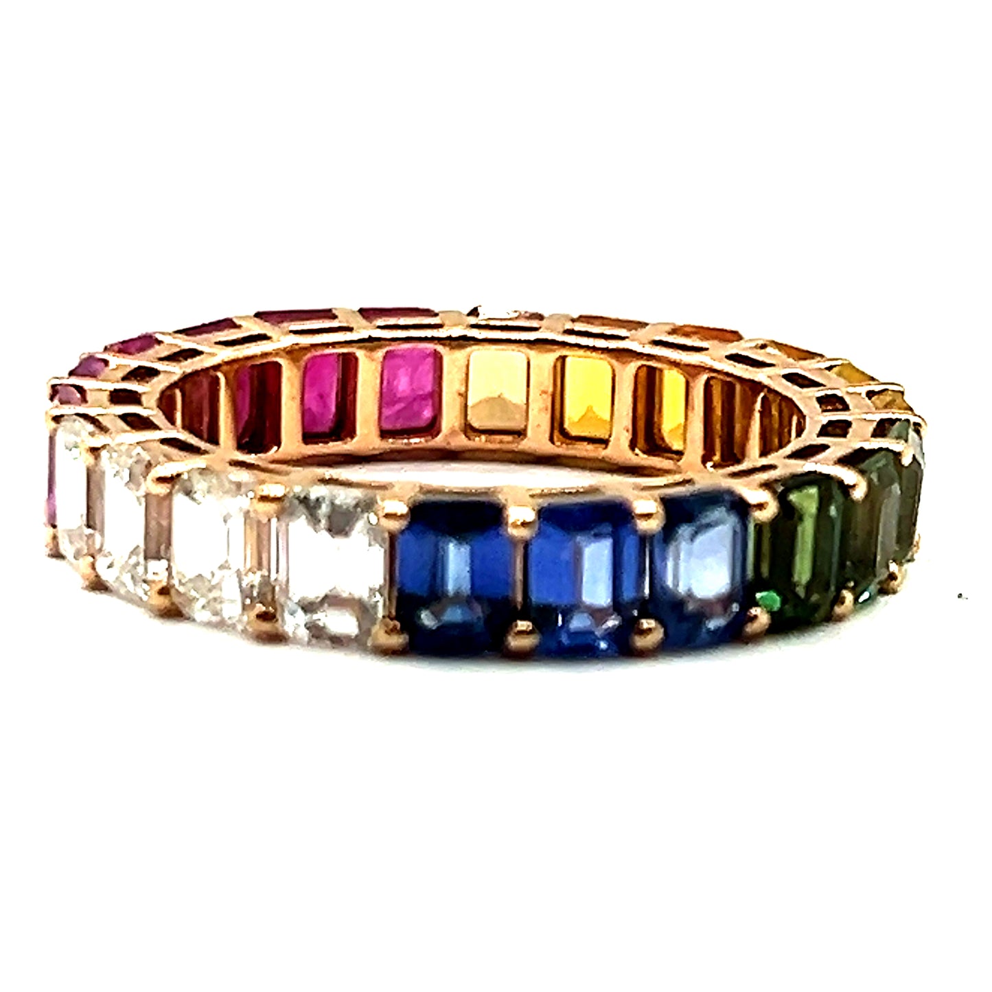 Rainbow Sapphire Diamond and Ruby Emerald Cut Full Eternity Band in 18ct Rose Gold