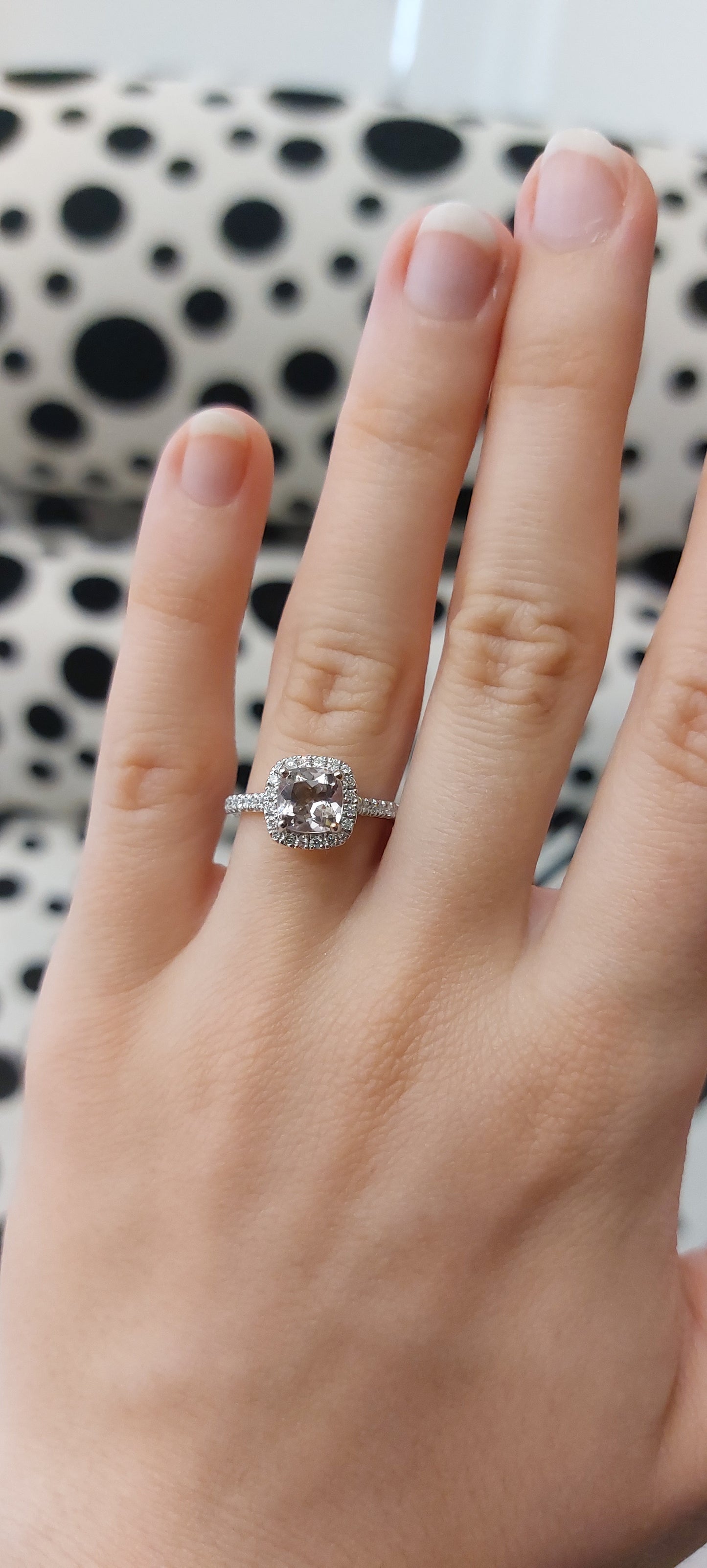 Cushion Cut Morganite Centre with Diamond Halo Ring set in Platinum