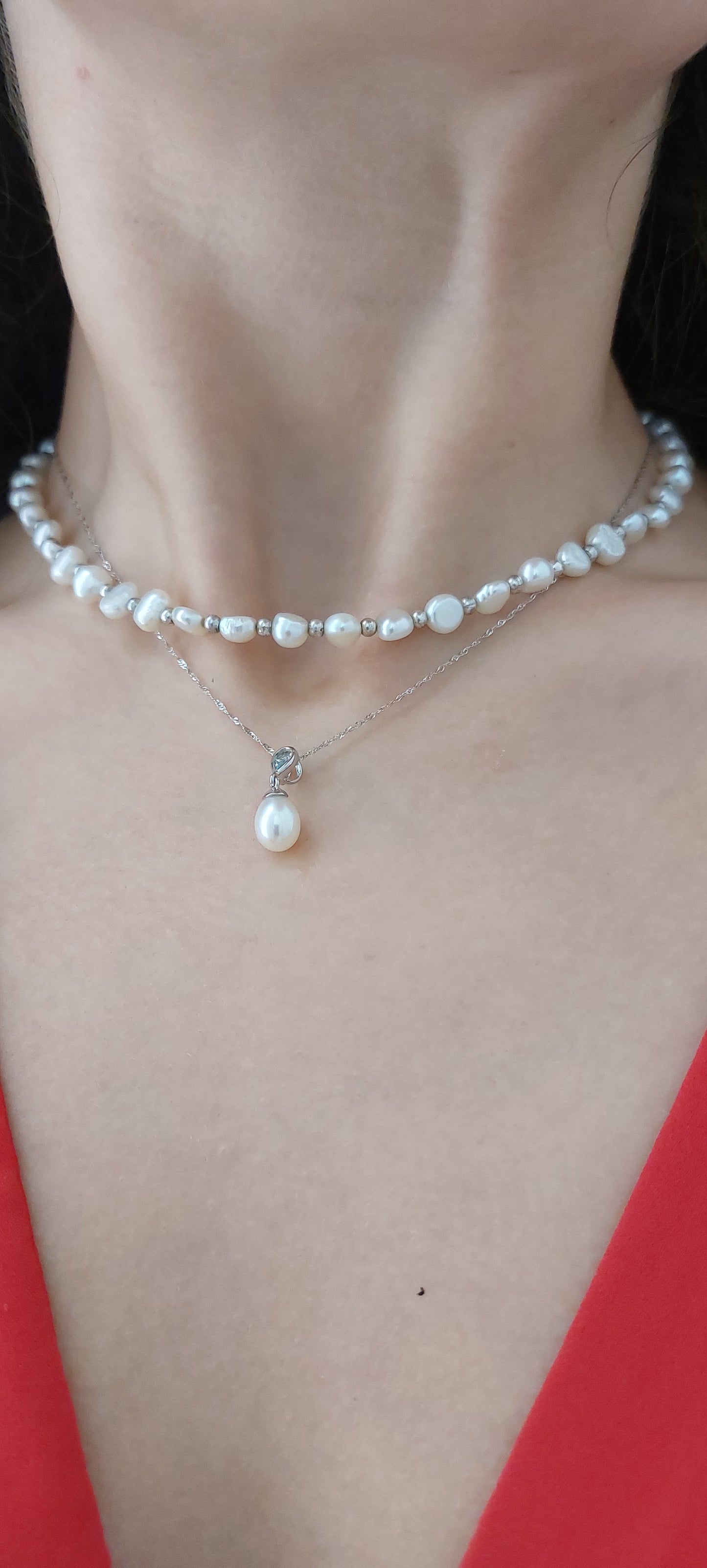 9ct White Gold Pearl & Pearshape Aquamarine Drop Pendant