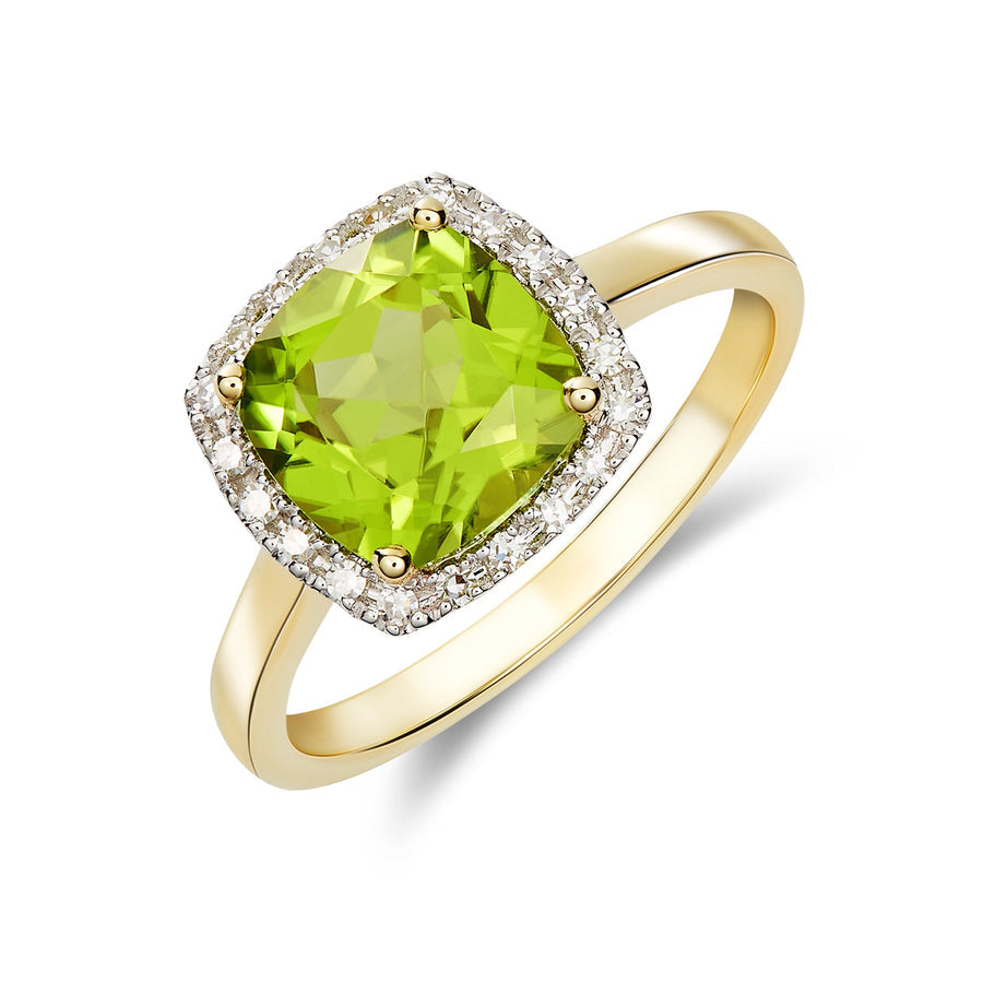 Cushion Peridot & Diamond Cluster Ring 8mm in 9ct Yellow Gold