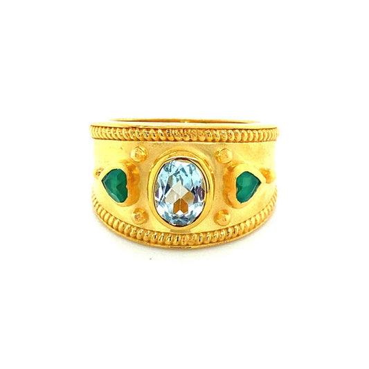 Gold Vermeil, Sterling Silver Etruscan Style Blue Topaz and Green Onyx Ring