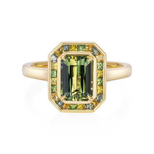 Bicolour Yellow Green Sapphire Diamond Halo Ring 18ct Yellow Gold Platinum