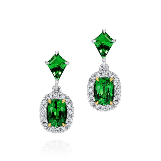 Green Tsavorite Kite and Cushion And Diamond Earrings In Platinum