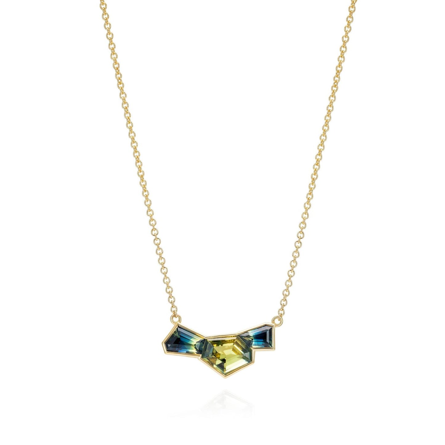 Parti Yellow and Blue Sapphire Three Stone Necklace In 18ct Yellow Gold