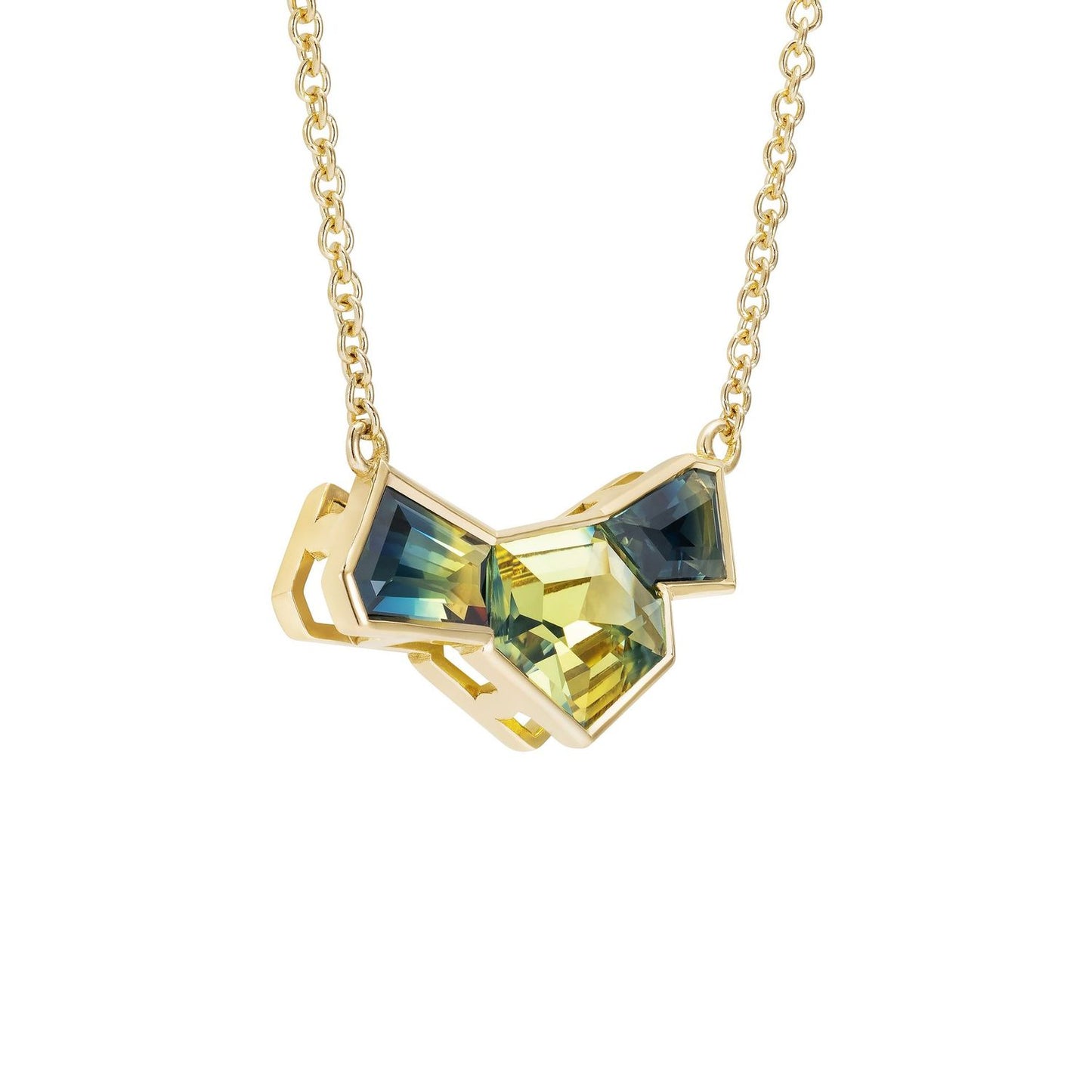 Parti Yellow and Blue Sapphire Three Stone Necklace In 18ct Yellow Gold