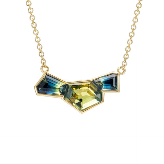 Parti Yellow and Blue Sapphire Three Stone Necklace In 18ct Yellow Gold