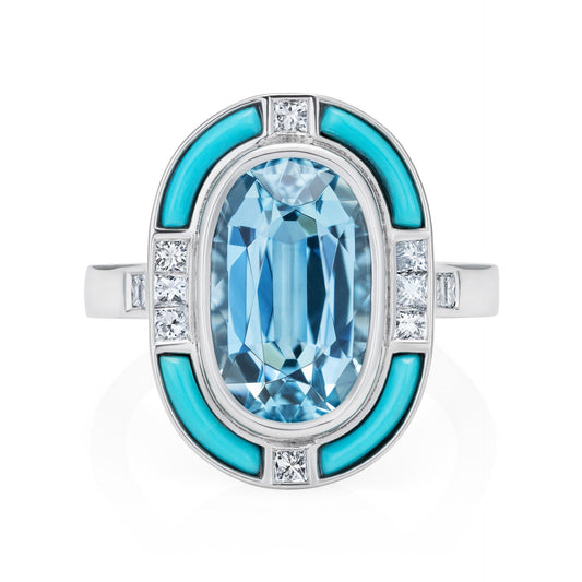 Aquamarine, Diamond and Turquoise Halo Ring Platinum