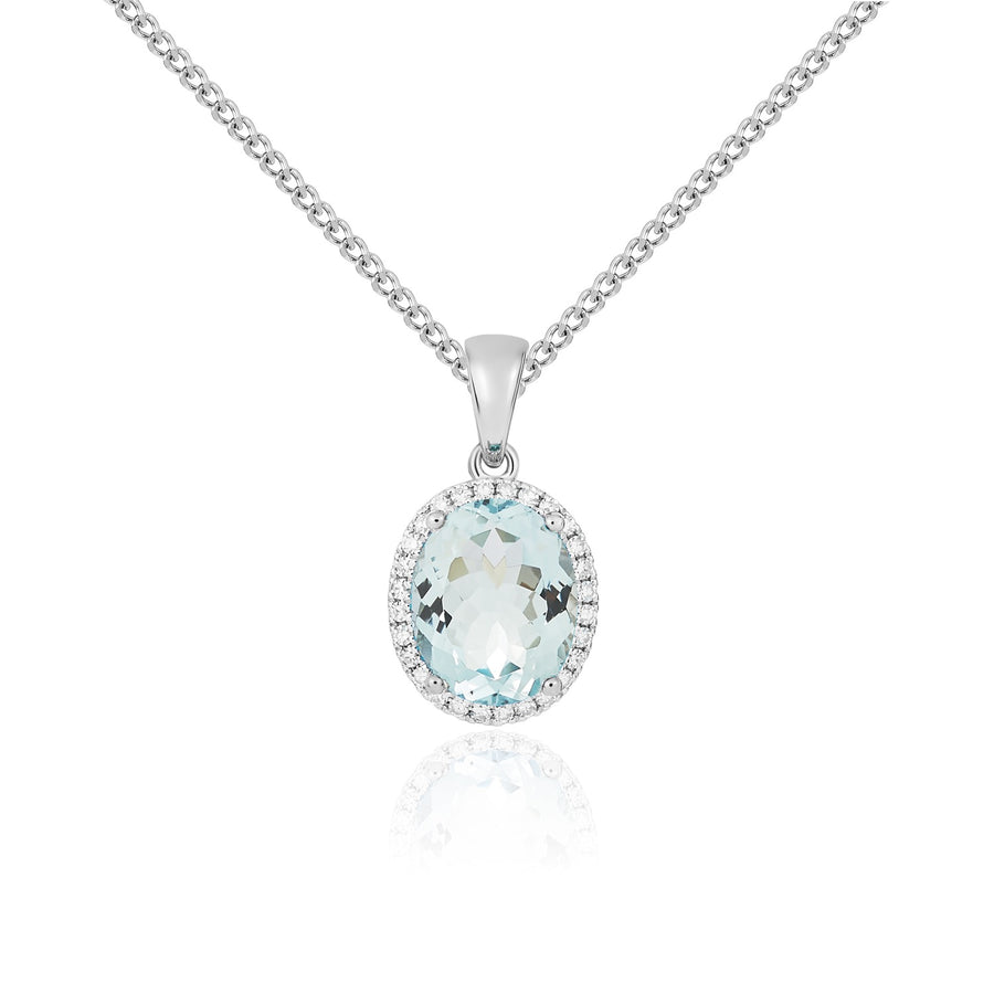 Oval Aquamarine & Diamond Cluster Pendant 10x8mm in 9ct White Gold