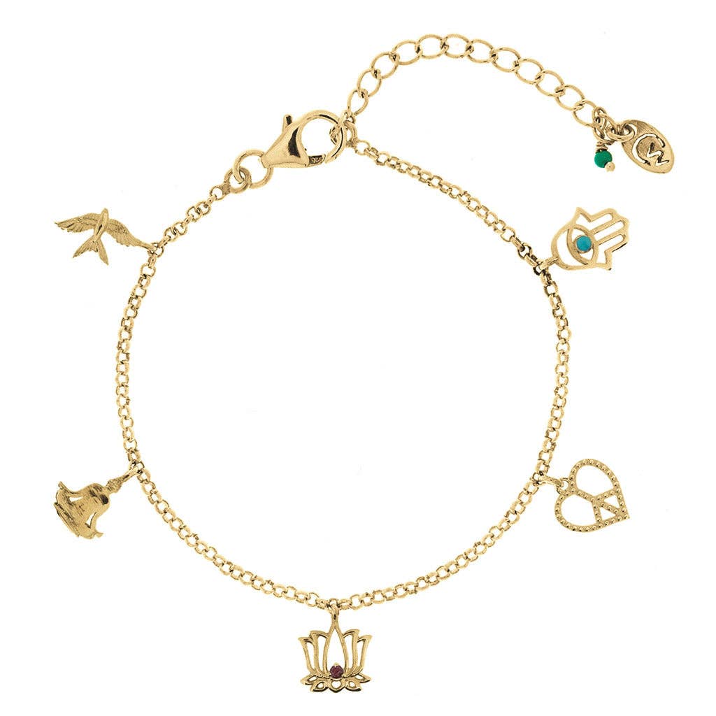 "Peace, Love And Freedom" Silver Gold Plated Charm Bracelet