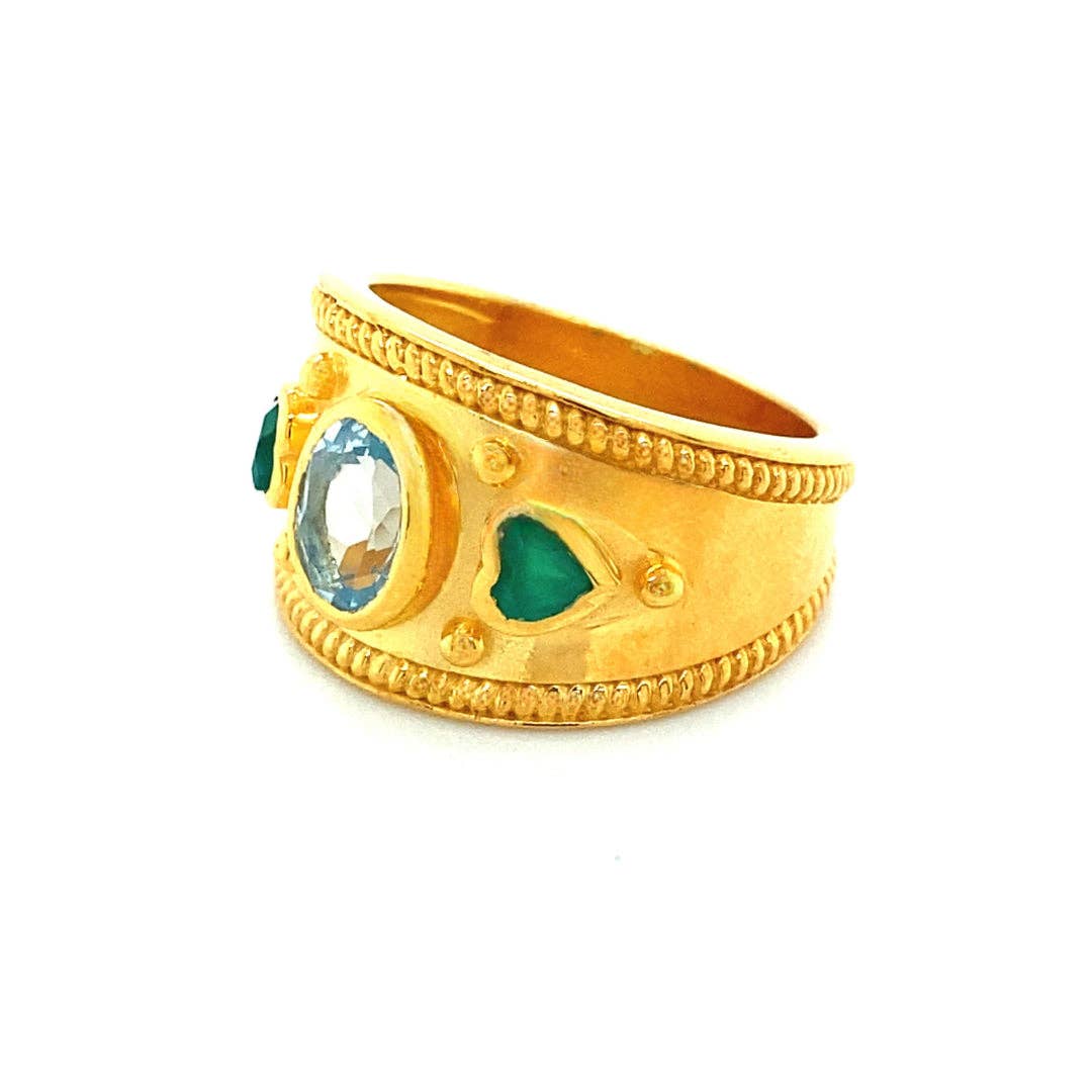 Gold Vermeil, Sterling Silver Etruscan Style Blue Topaz and Green Onyx Ring